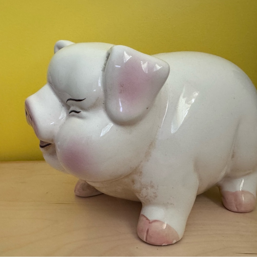 Charming Large Vintage White and Pink Ceramic Piggy Bank